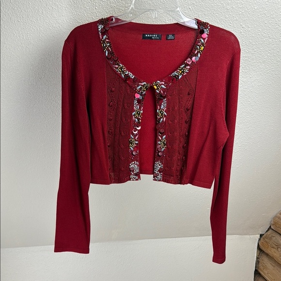 NADINE PETITE Sweaters - NADINE Petite Large Red Cropped Cardigan with Decorative Trim